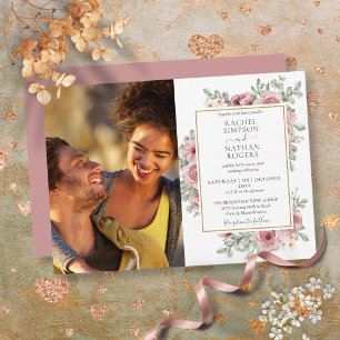 Blumiger Dusty Rose Gold Foto Hochzeit Einladung