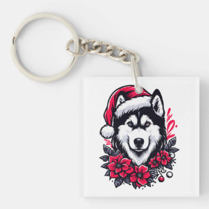 Blumiger Festlicher Husky-Hund mit Weihnachtsmannm Schlüsselanhänger