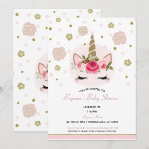 Blumiger Glamour Gold Glitter Einhorn Babyparty Einladung