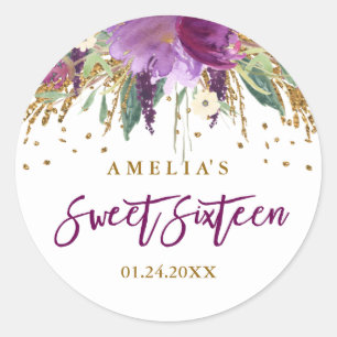 Blumiger Glitter Funkelnder Amethyst Sweet 16 Aufk Runder Aufkleber
