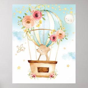 Blumiger Heißluftballon Süßer Bär Abenteuer Wartet Poster