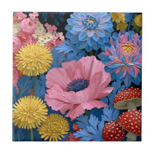Blumiger Pilzgarten in Rosa und Blau Fliese