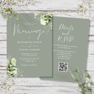 Blumiger QR-Code in Salbeigrün für Hochzeiten Einladung