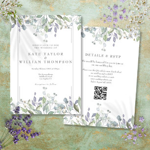 Blumiger Salbei- und Flieder-QR-Code-Hochzeit Einladung