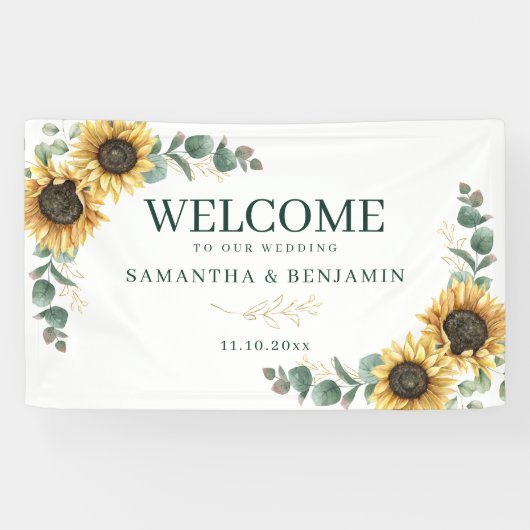 Blumiger Sonnenblumen-Eukalyptus-Script Hochzeitse Banner (Horizontal)