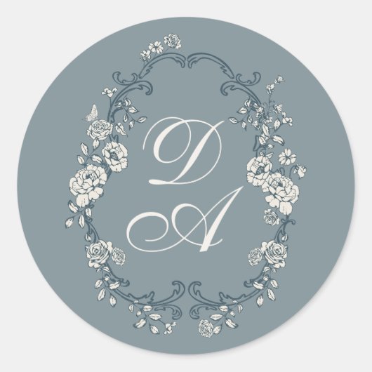 Blumiger Staubblauer Monogramm-Sticker Runder Aufkleber (Vorderseite)