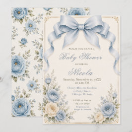 Blumiger staubiger blauer Coquette-Bogen Baby Show Einladung