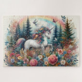 Blumiger Wald, farbenfrohes Märchen Einhorn Puzzle (Horizontal)