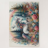 Blumiger Wald, farbenfrohes Märchen Einhorn Puzzle (Vertikal)