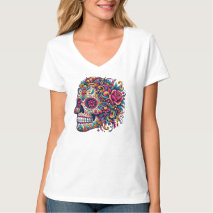 Blumiger Zuckerschädel im Seitenprofil mexikanisch T-Shirt