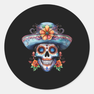 Blumiger Zuckerschädel Tag der Toten Dia De Muerto Runder Aufkleber