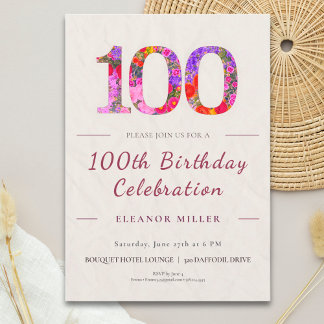 Blumiges 100. Geburtstagsjubiläum - Elegante Feier Einladung