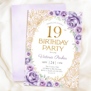 Blumiges 19. Geburtstags-Lila-Purple-Gold Einladung