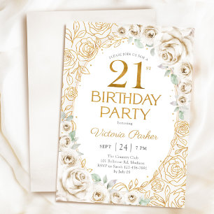 Blumiges 21. Geburtstags-Cream-Gold Einladung