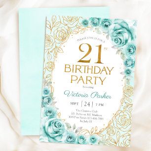 Blumiges 21. Geburtstags-Turquoise-Gold Einladung