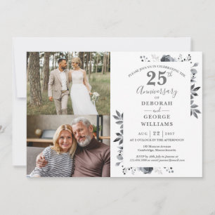 Blumiges 25. Hochzeitsjubiläum Damals & Heute 2 Fo Einladung