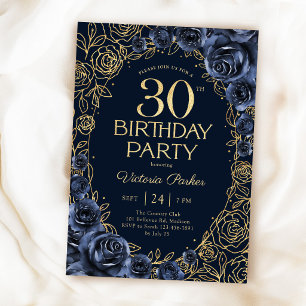 Blumiges 30. Geburtstags-Navyblau Gold Einladung