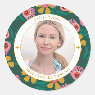 Blumiges 40. Geburtstagsfoto elegant feminin Runder Aufkleber