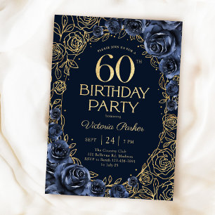 Blumiges 60. Geburtstags-Navyblau Gold Einladung