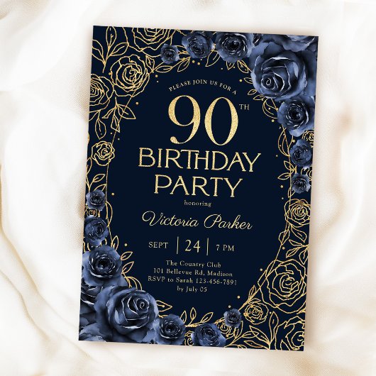 Blumiges 90. Geburtstags-Navyblau Gold  Einladung
