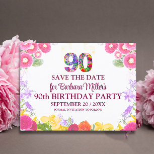Blumiges 90. Geburtstags-Save-the-Date, elegantes  Ankündigungspostkarte