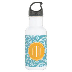 Blumiges Aqua-Blau-Paisleymuster und gelbes Monogr Edelstahlflasche