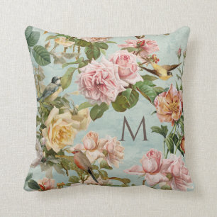 Blumiges Aqua Minzrosen Vintage Elegantes Monogram Kissen