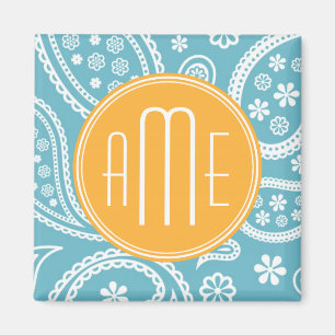 Blumiges Aquablau-Paisleymuster und gelbes Monogra Magnet