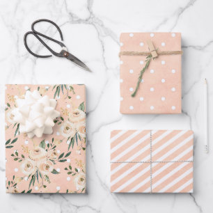 Blumiges Beige-Rosa auf rosa Hochzeit Geschenkpapier Set