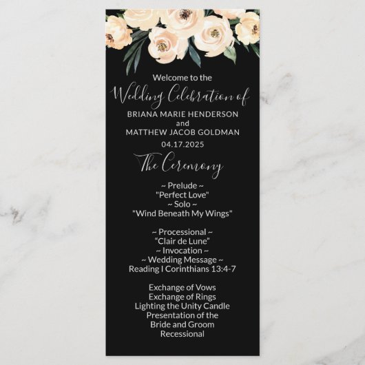 Blumiges Beige-Schwarzes Hochzeitsprogramm Programm (Vorderseite)