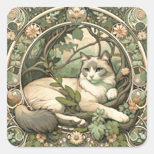 Blumiges Beige und Salbei Art Nouveau Katze Quadratischer Aufkleber