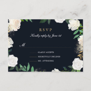 Blumiges Blatt Erröten Navy Gold Hochzeit RSVP Karte