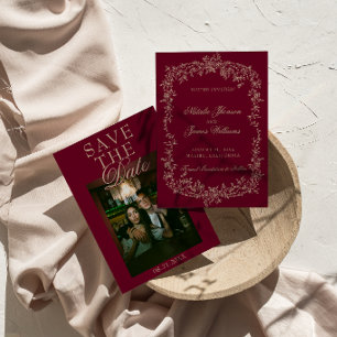 Blumiges Burgunder-Beige-Old-Money-Foto-Hochzeit Save The Date