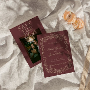 Blumiges Burgunder Gold Altes Geld Foto Hochzeit Save The Date