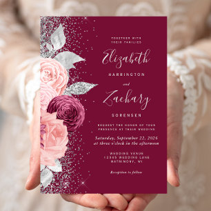Blumiges Burgunder-Rosa-Silber-Glitter-Hochzeit Einladung