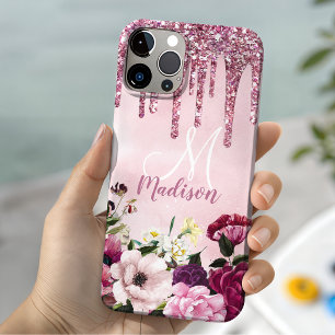 Blumiges Burgunderrosa-glitzerndes Monogramm Case-Mate iPhone Hülle