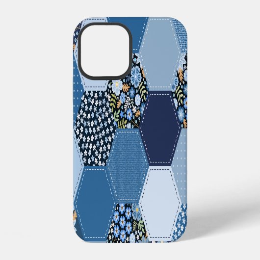 Blumiges, Denim-Patchwork: blaues Muster. iPhone Hülle (Rückseite)