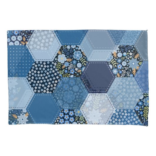 Blumiges, Denim-Patchwork: blaues Muster. Kissenbezug (Vorderseite)