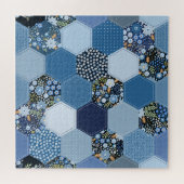 Blumiges, Denim-Patchwork: blaues Muster. Puzzle (Horizontal)
