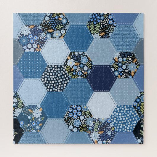 Blumiges, Denim-Patchwork: blaues Muster. Puzzle (Vertikal)