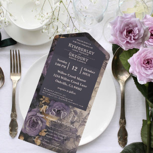 Blumiges dunkles Pflaumen-Purple-Rosen-Gold-Akzent All In One Einladung