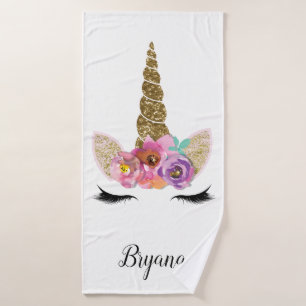 Blumiges Einhorn Gold Glitter Mädchen Mädchen Funk Badhandtuch Set