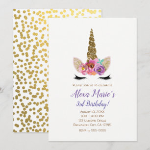 Blumiges Einhornhorn Gold Konfetti Geburtstagsfeie Einladung