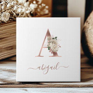 Blumiges Elfenbein-Roségold-Monogramm Buchstabe "A Fliese