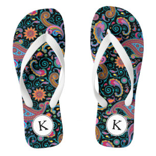 Blumiges farbenfrohes Paisley Weiß Akzent Monogram Badesandalen