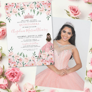 Blumiges Foto-Rouge Rosa Quinceanera Einladung