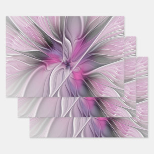 Blumiges Fraktal Modern Abstrakt Blume Pink Grau Geschenkpapier Set