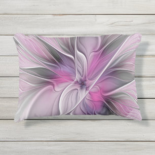 Blumiges Fraktal Modern Abstrakt Blume Pink Grau Kissen Für Draußen
