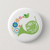 Blumiges französisches Horn-Musik-Geschenk Button (Vorderseite)