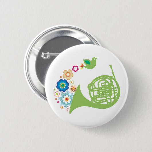 Blumiges französisches Horn-Musik-Geschenk Button (Vorne & Hinten)
